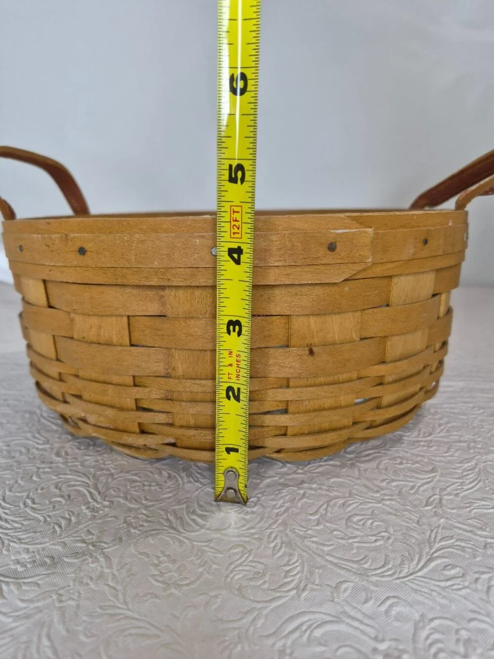 Vtg Longaberger Handmade Fabric Lined Button Wicker Basket Insert Leather Handle
